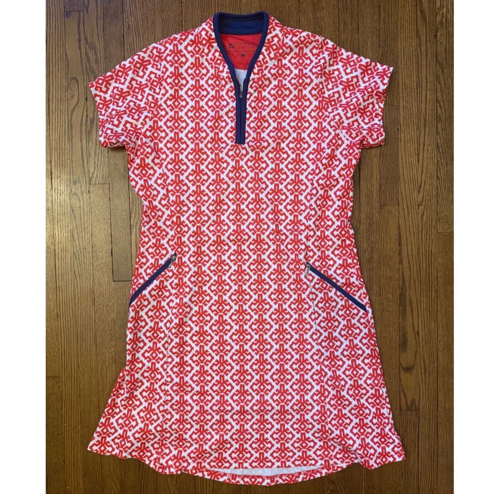 Bermuda Sands Womens Red White Geometric Golf Tennis Dress 1/4 Zip Pockets Med